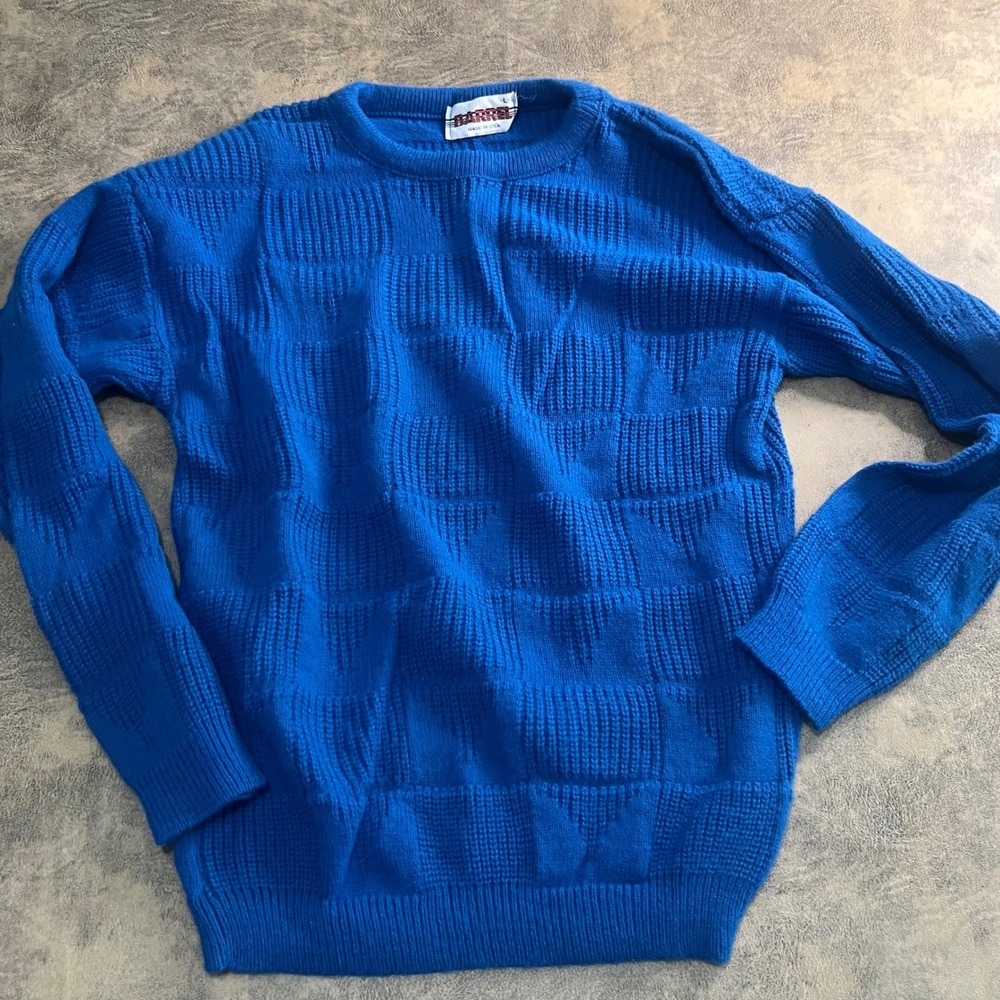 Barrel Sweater Mens Large Blue Textured Geometric Knit Crewneck Made in USA VTG